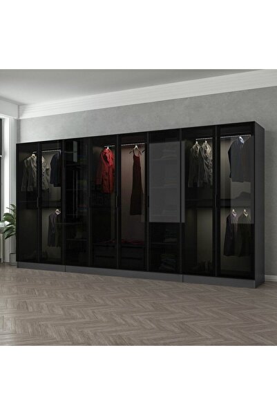 Minar Kale 8 Cam Kapaklı 2 Çekmeceli Dolap - Antrasit/Siyah 210CM