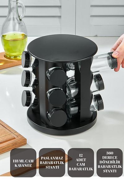 vipgross GLASS SPICE SET WITH 360° ROTATING COUNTER TOP STAINLESS STAND - 12-PIECE SPICE BAKER - BLACK ROUND OF 12