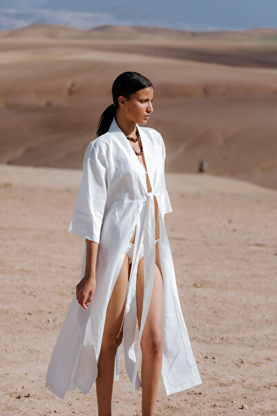 JessyWell GHIZLANE Keten Uzun Kimono - Optik Beyaz