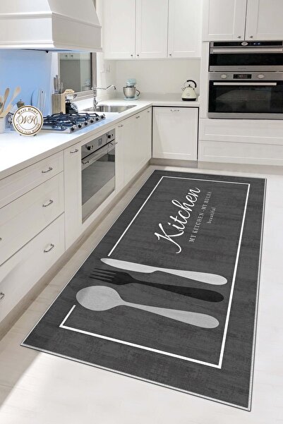West Home Makinede Yıkanabilir Kaymaz Taban Leke Tutmaz Gri Mutfak Halısı Mut...