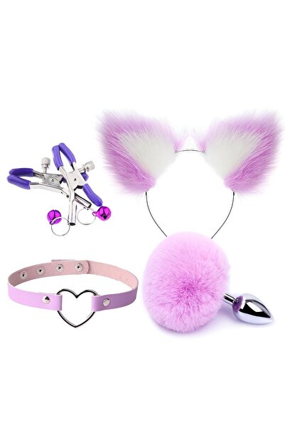 Ponpon Kuyruklu Plug Ve Kedi Kulak Mor Taç Set