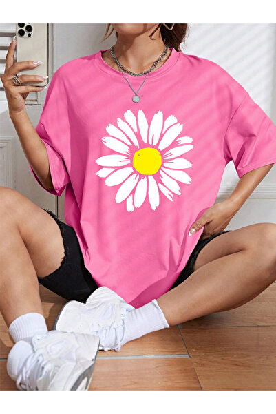Wish BF Daisy Printed Colorful Oversize Women's T-Shirt - Crew Neck, Cotton Combed