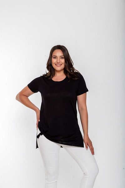 Seamoda Tricou de bază cu decolteu rotund cu fantă evazată din jerseu simplu-negru