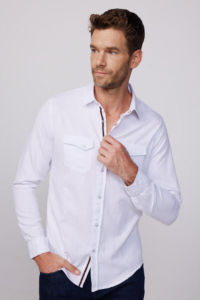 Tudors Λευκό Slim Fit πουκάμισο - Μακρύ μανίκι, 100% βαμβακερό λινό, διπλή τσέπη
