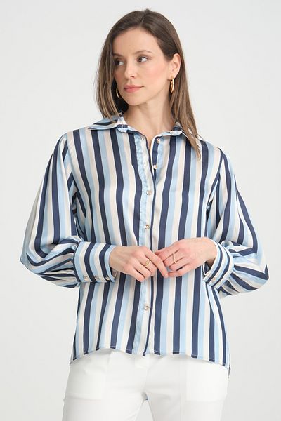 MD trend Cămașă de damă din satin cu dungi oversize, cu mâneci balon și cu detaliu adunat
