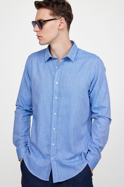 Tudors Cămașă albastră pentru bărbați cu mânecă lungă, slim fit - 100% bumbac, textura in