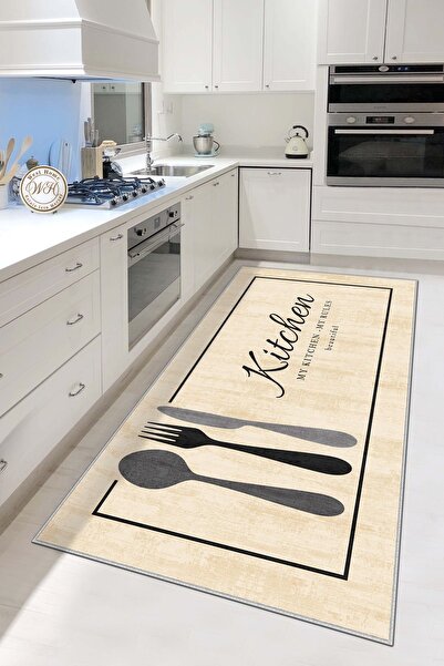 West Home Makinede Yıkanabilir Kaymaz Taban Leke Tutmaz Bej Mutfak Halısı Mut...