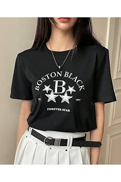 OVER HEAD تي شيرت نسائي أسود كبير الحجم مطبوع عليه بوسطن