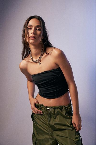 Bases Στράπλες Μαύρη Crop Μπλούζα - Diver Fabric