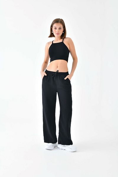 enmodaiçgiyim Pantaloni de damă din țesătură muselină neagră 100% bumbac – pantaloni largi, cu buzunare, cu croiala confortabilă