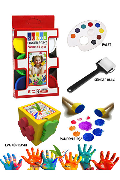 Artshop Südor 6x30 ml Parmak Boyası, Küp Eva Baskı, Sünger Rulo, Ponpon Fırça, Palet, Çocuk Boyama Seti