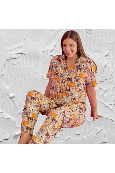 Gülfirik Tasarım Teddy Bear Print Cream Color 100% Cotton Short Sleeve Shirt Collar Large Size Women's Summer Pajamas Set