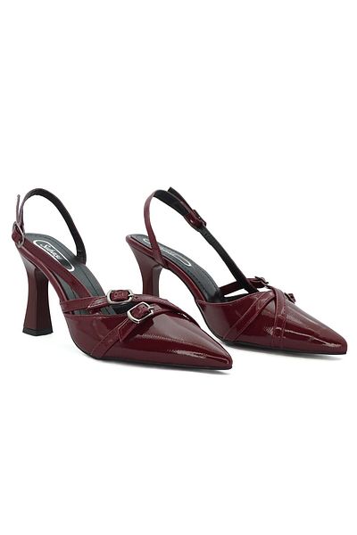 LETAO Pantofi cu toc de damă din piele lacuită roșie claret cu cataramă cu dungi duble