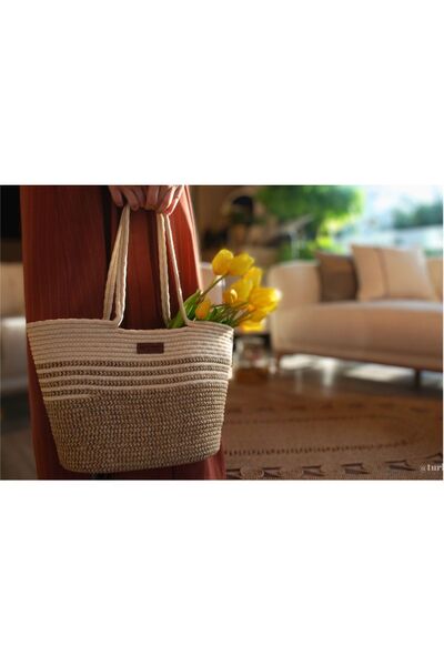 Türkmen Ev Tekstil Jute Straw Women's Shoulder Bag, Beach Bag