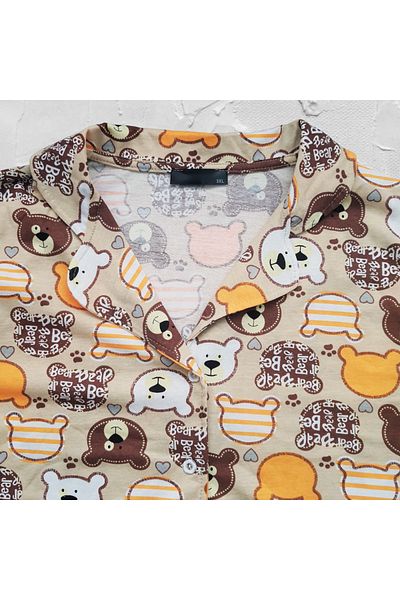 Gülfirik Tasarım Teddy Bear Print Cream Color 100% Cotton Short Sleeve Shirt Collar Large Size Women's Summer Pajamas Set