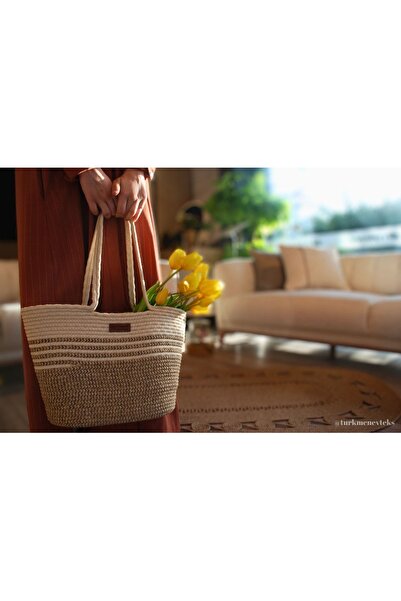 Türkmen Ev Tekstil حقيبة كتف نسائية من قش الجوت، حقيبة الشاطئ