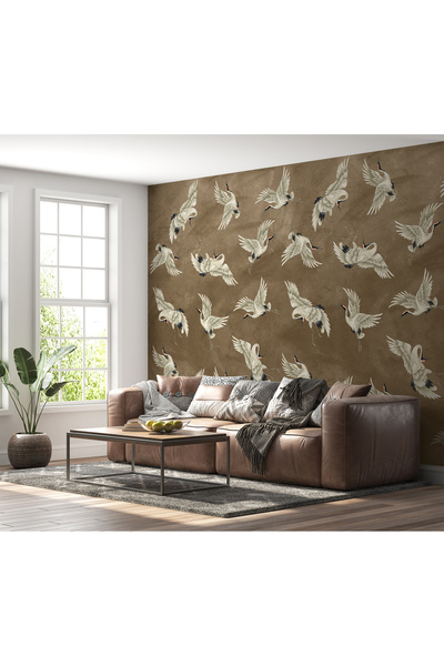 LOTUS AURA Turna Kuşlu Duvar Kağıdı Kahverengi Tonlarında Duvar Resmi Oturma Odası Duvar Posteri