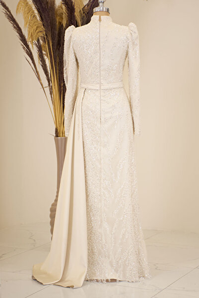 Surikka Κρεμ - Βραδινό φόρεμα Seçil με εκκρεμές φούστα και κέντημα με χάντρες