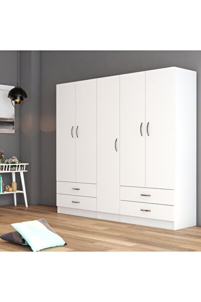 Tanmob 5 Kapılı Dört Çekmeceli Geniş Gardrop Beyaz- Grd0701