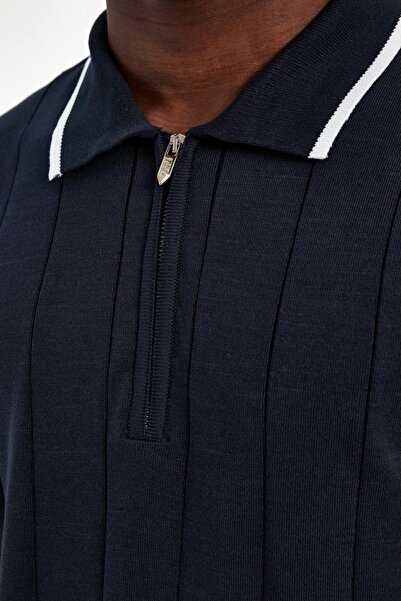 MADZEYMODA Синій трикотажний поло з коміром-стійкою для чоловіків - напівзастібка-блискавка