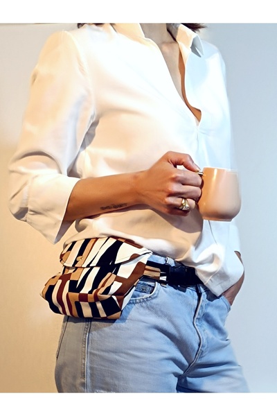 minart design Abstract Tie Dye Coffee Black Patterned Brown Checkered Lining Mini Bag Waist Bag