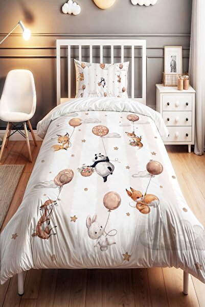 EVPANYA Uçan Balonlu Hayvanlar Desenli Tek Kişilik Bebek Çocuk Nevresim Seti