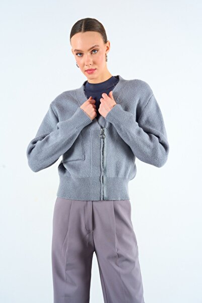 LOOSH Kadın Camel V Yaka Tek Cepli Fermuarlı Triko Hırka Ceket