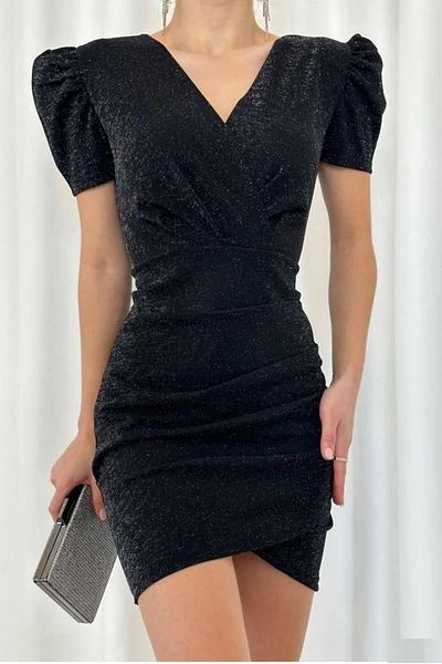lovebox Flexible Glittery Crepe Mini Evening Dress - Double Breasted Collar and Princess Sleeve Black582048