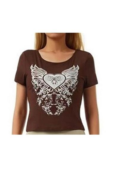 Köstebek Harajuku Fashion Brown Heart Wings Crop Top - الجرونج بالحجم الكامل