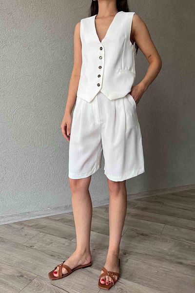 Seda Yalçın Atelier Crepe Vest and Bermuda Shorts Set - White
