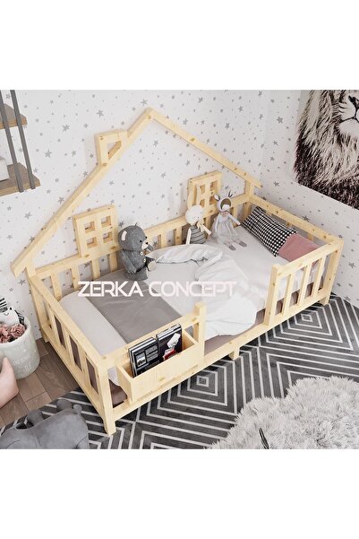 zerkaconcept Eva Ithal Ladin Ahşap Çatılı Montessori Çocuk Karyola 90*190 Cm