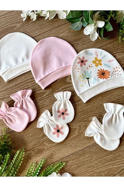 Renkli Puset Organic 6-Piece Newborn Baby Gloves Hat Set Flower