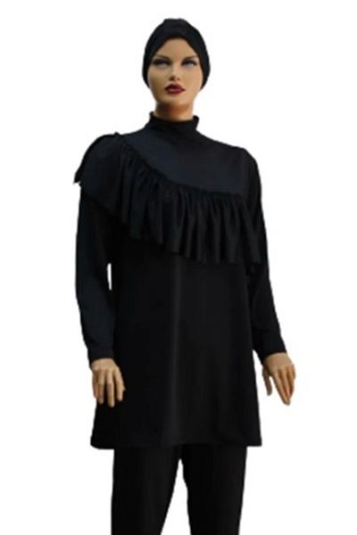 eflin Women's Clothing Black Cross Gathered Full Covered Hijab Swimsuit Only Top Tunic