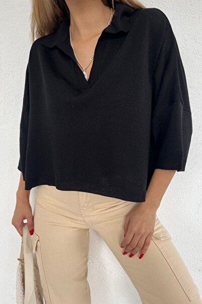MODAMERSİ Γυναικεία πλεκτή μπλούζα με μαύρη λαιμόκοψη Oversize