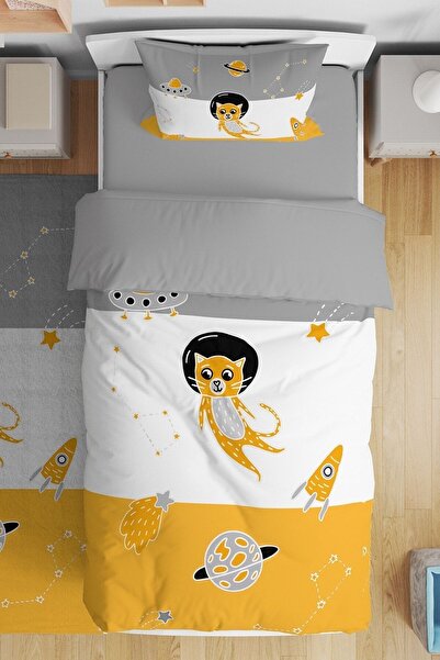 EVPANYA Astronot Kedi Desenli Tek Kişilik Bebek Çocuk Nevresim Seti