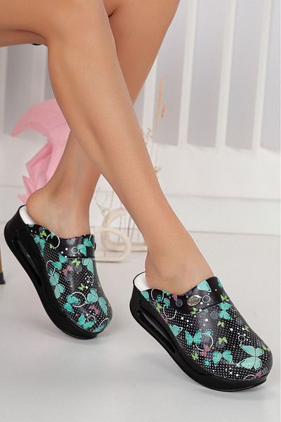SABOTERLİK Butterfly Patterned Wedge Heeled Orthopedic Hospital Nurse Women's Slippers 411