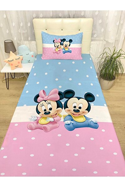 EVPANYA Pembe Mavi Mickey ve Minnie Desenli Yatak Örtüsü ve Yastık Kılıfı
