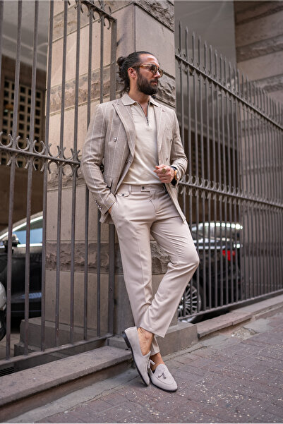 SARDINELLI Çizgili Slim Fit Kruvaze Erkek Ceket Camel