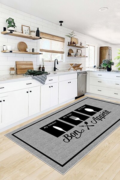 Confidence Home Makinede yıkanabilir kaymaz taban leke tutmaz gri mutfak halı...