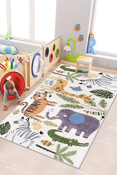 Lavita Home Makinede Yıkanabilir Antibakteriyel Hayvan Desenli Oyun Halısı Ço...