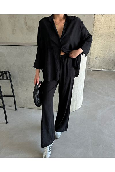 Laluvia Schwarzes Set aus Hemd und Hose mit Strukturmuster