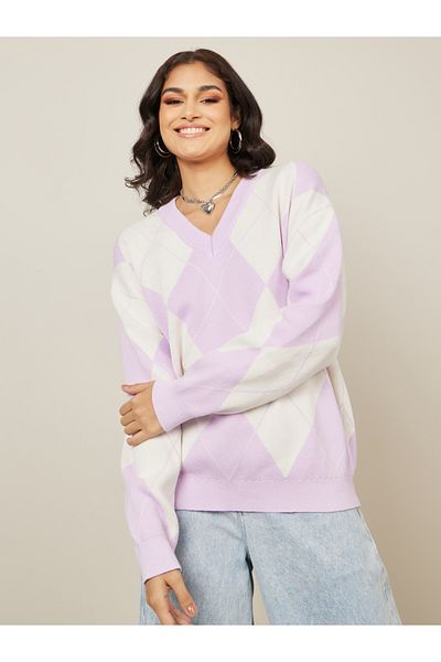 Styli Oversized Longline Argyle Pattern Sweater