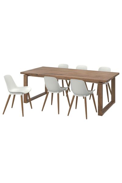 IKEA yemek masası takımı, meşe kaplama/kahverengi-beyaz, 6 sandalyeli okaliptüs ağacı