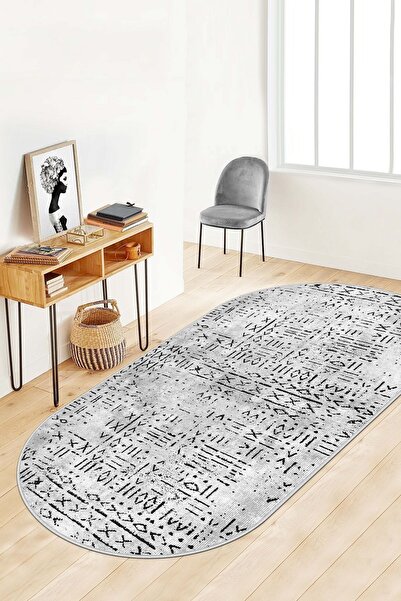 Lavita Home Dijital Baskı Yıkanabilir Kaymaz Gri Oval Salon Halısı Mutfak Hal...