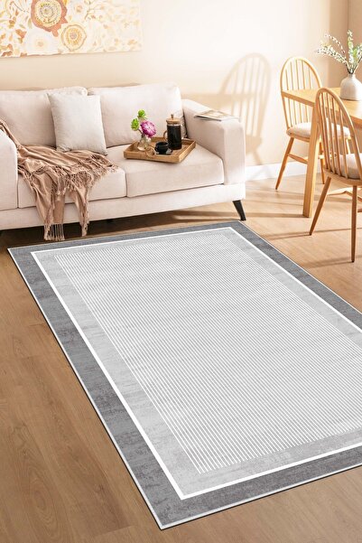 Lavita Home Makinede Yıkanabilir Kaymaz Taban Leke Tutmaz Gri Çizgili Salon H...