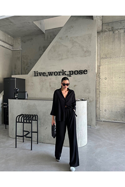 Laluvia Black Textured Shirt and Pants Set