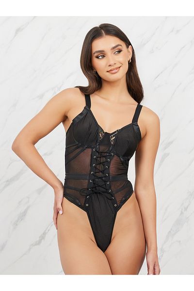 Styli Multi Strap Detail Mesh Insert Lace Up Corset Bodysuit