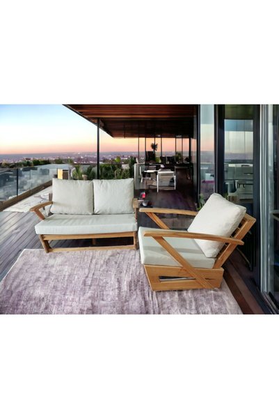 zerkaconcept Monza Bahçe Balkon Masif Kestane Ahşap Kollu Koltuk 1 Adet Tekli 1 Adet İkili Koltuk Krem