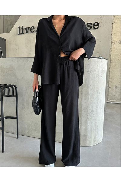 Laluvia Schwarzes Set aus Hemd und Hose mit Strukturmuster