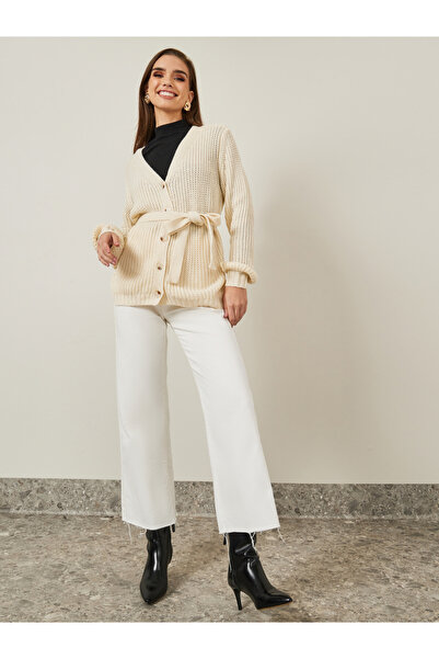 Styli Regular Fit Button Down Cable Knit Cardigan With Belt